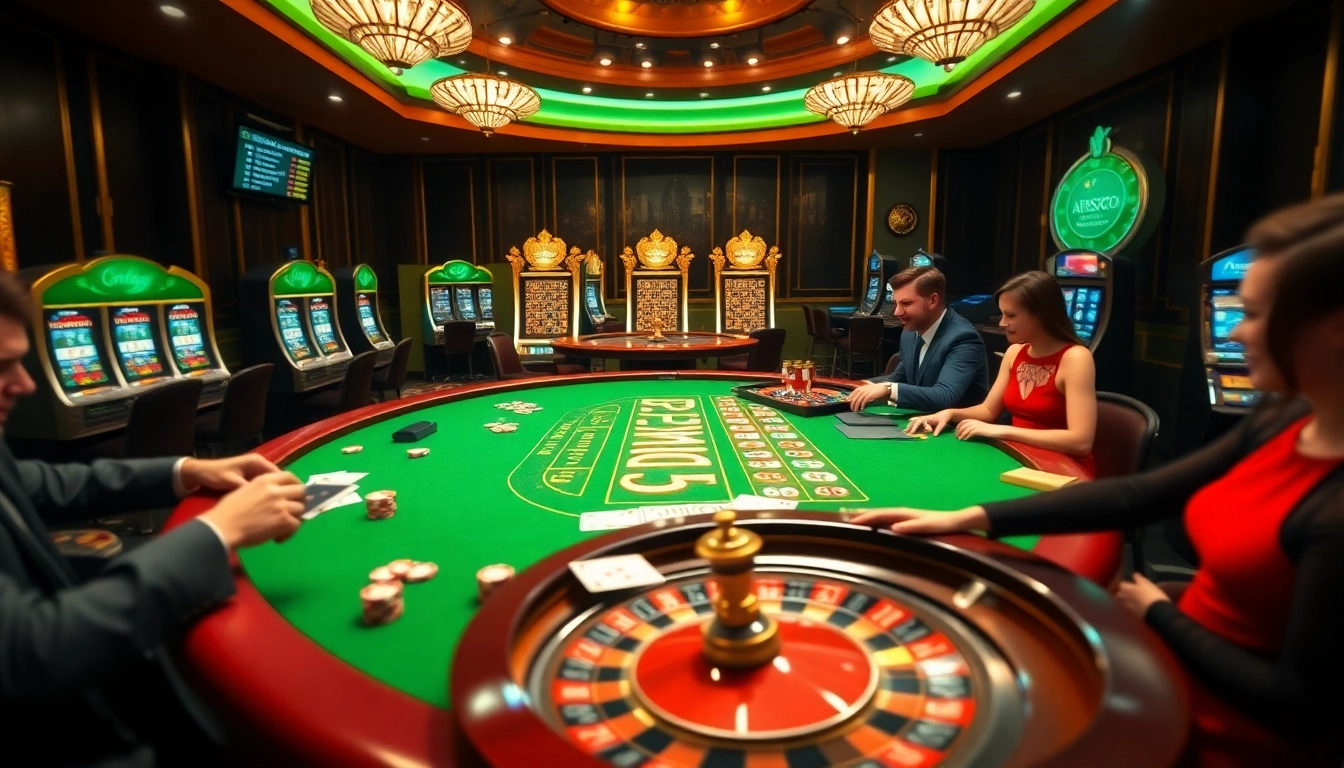 Experience the thrill of online gaming with aresgacor, showcasing vibrant casino tables filled with players and colorful chips.