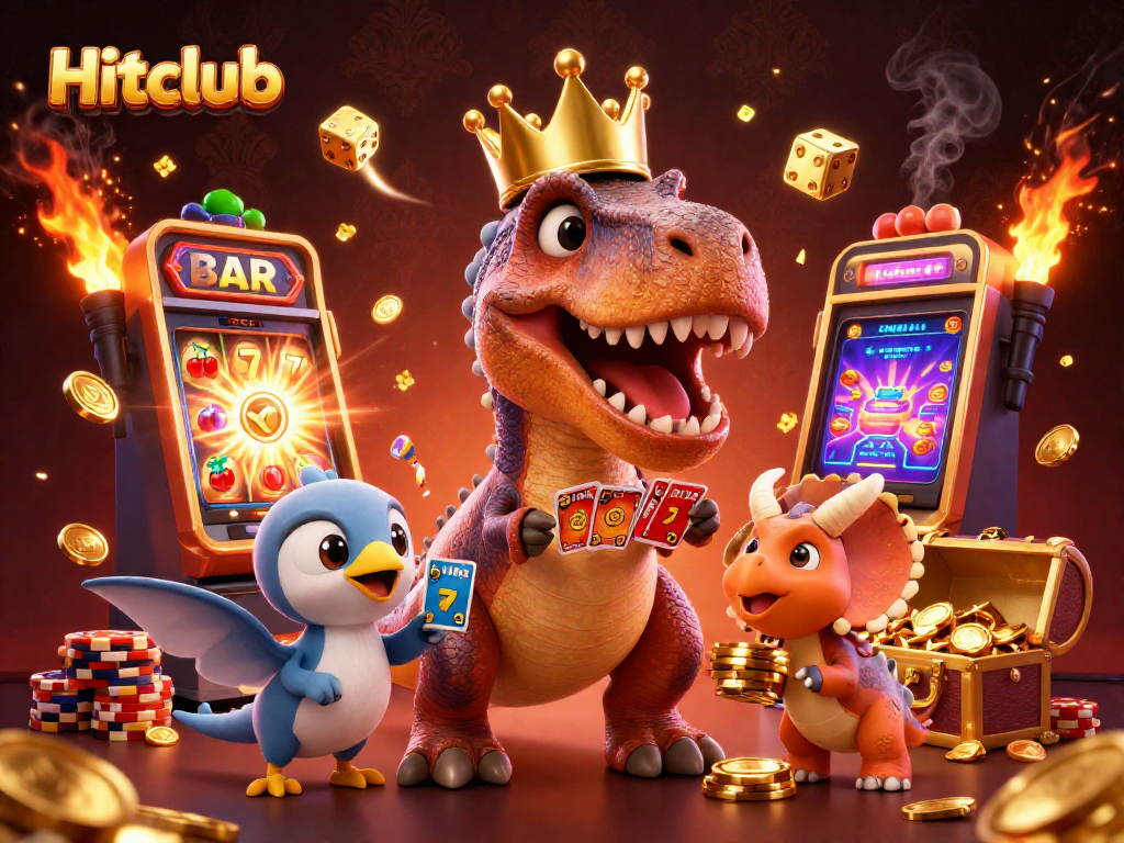 Hitclub showcases a friendly T-Rex shuffling cards amidst golden jackpot symbols and vibrant casino elements.