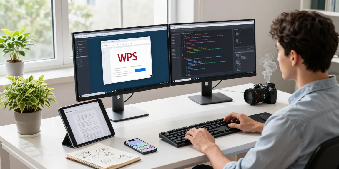 Dynamic workspace focused on WPS Download with engineer utilizing productivity tools and modern tech.