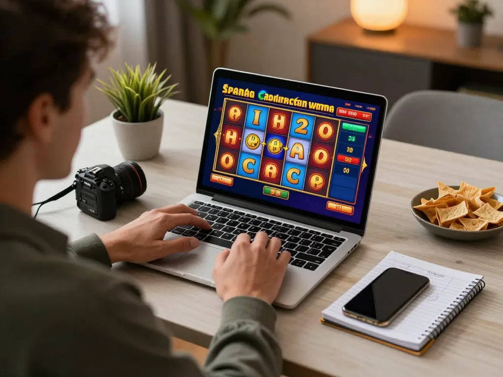 Player enjoying bandar99 slot games on their laptop, showcasing vibrant graphics and a cozy home setup.