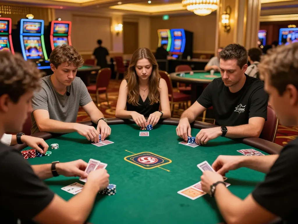 Players engaging in a heated poker game at GG88 casino, chips stacked, cards visible, lively atmosphere