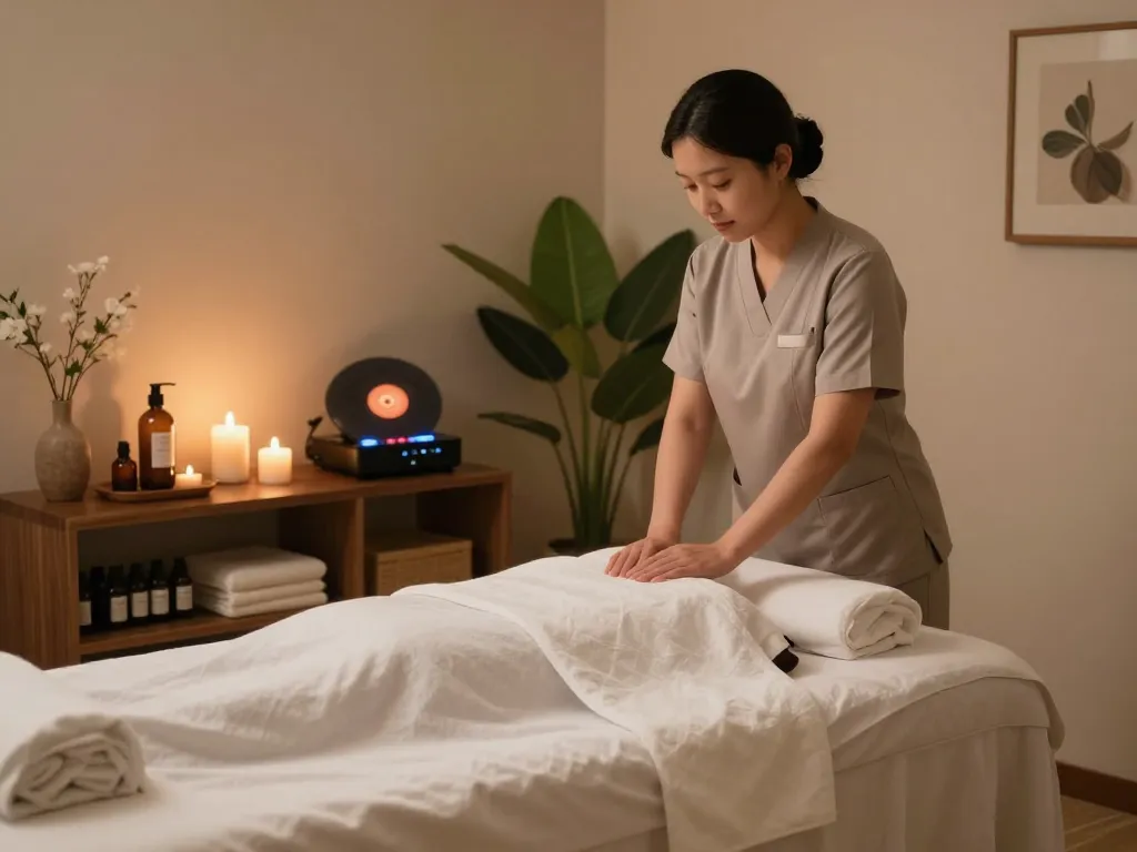 Relaxing 삼성동마사지 spa scene with therapist preparing a tranquil massage environment.