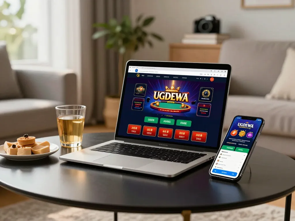 Engaging online casino scene with UGDEWA app displayed on a laptop and smartphone.
