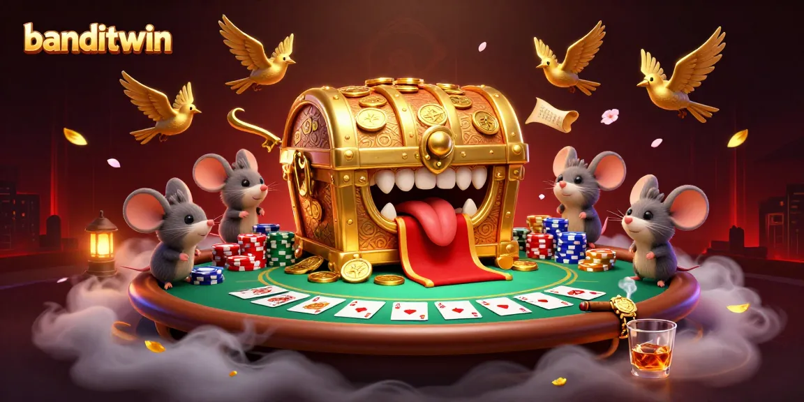 Banditwin menawarkan pengalaman kasino yang menarik dengan tumpukan chip poker dan kartu di sekitar.