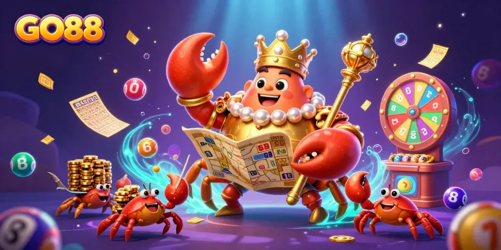 Experience thrilling gaming at GO88 with a vibrant underwater casino scene featuring a golden crab emperor.