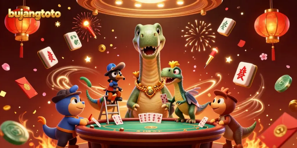 Experience thrilling wins with bujangtoto at dynamic casino games under a playful dinosaur!