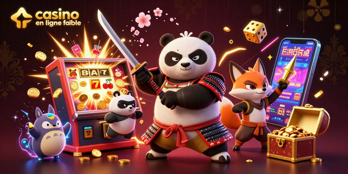 Casino en ligne fiable illustré par un panda samouraï et un renard ninja entourés de machines à sous.