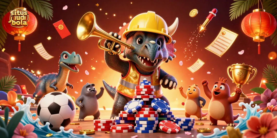 Situs judi bola shows a vibrant celebration of sports betting with cartoon dinosaurs at a lively casino scene.