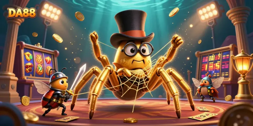 Engage with DA88's vibrant casino atmosphere featuring a golden tarantula and beetle knight amidst spinning slot reels.