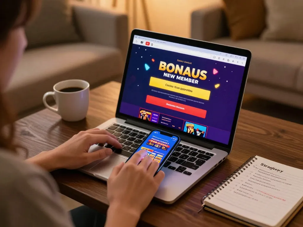 Engaging in online gaming with a bonus new member offer visible on the screen, showcasing a cozy gaming environment.