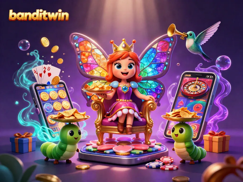 banditwin menghadirkan ilustrasi kasino yang megah dengan ratu kupu-kupu dan permainan slot yang berkilauan.