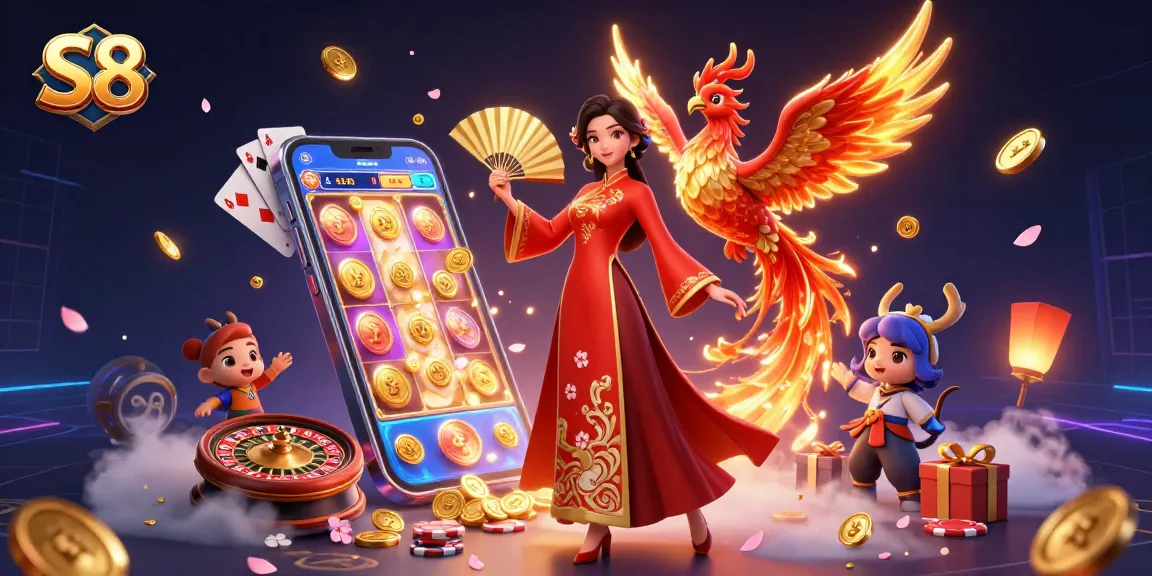 Spin the reels and win big with S8's vibrant 3D casino illustration featuring a traditional dancer and golden phoenix.