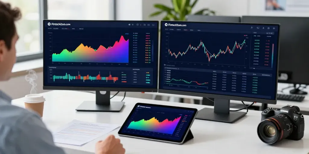 Investor analyzing market trends and financial data on FintechZoom.com in a bright office.