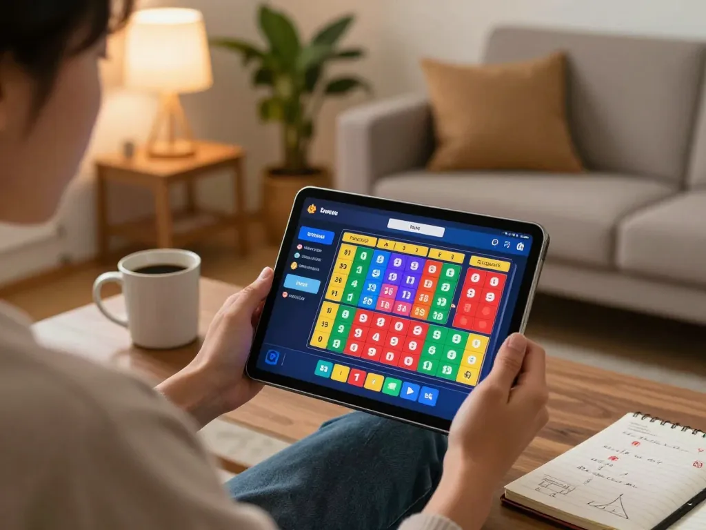 Engaging in toto togel online gaming highlighted by user-friendly interface and strategic notes in cozy home setting