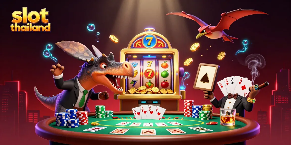 Slot Thailand – a pachycephalosaurus breaks a golden slot machine for a jackpot amidst casino chaos.