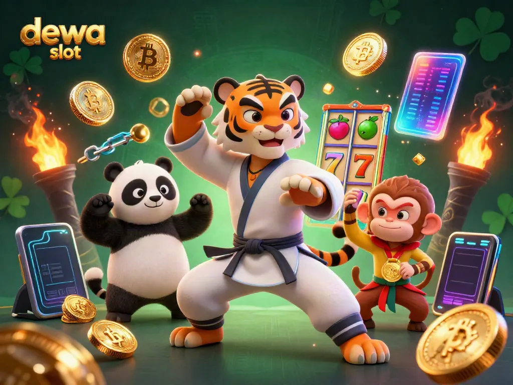 Menangkan permainan dewa slot dengan karakter kartun kung fu dan elemen kasino yang berwarna-warni.