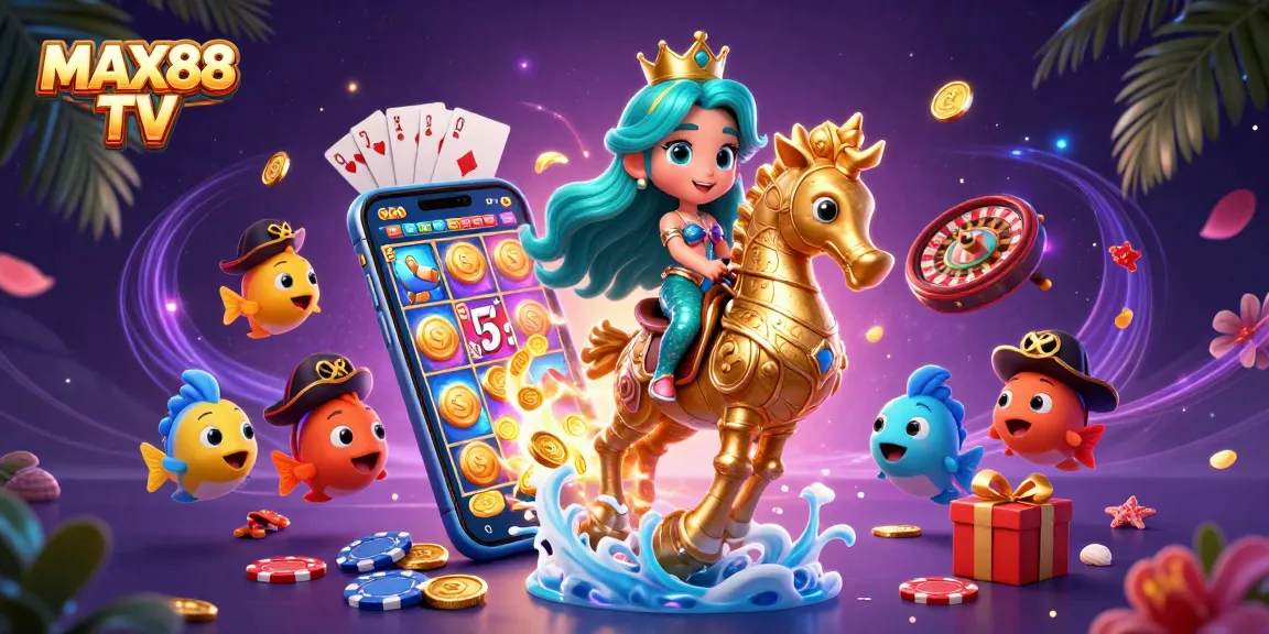 Max88 TV showcases a vibrant 3D mermaid princess riding a seahorse, surrounded by casino elements.