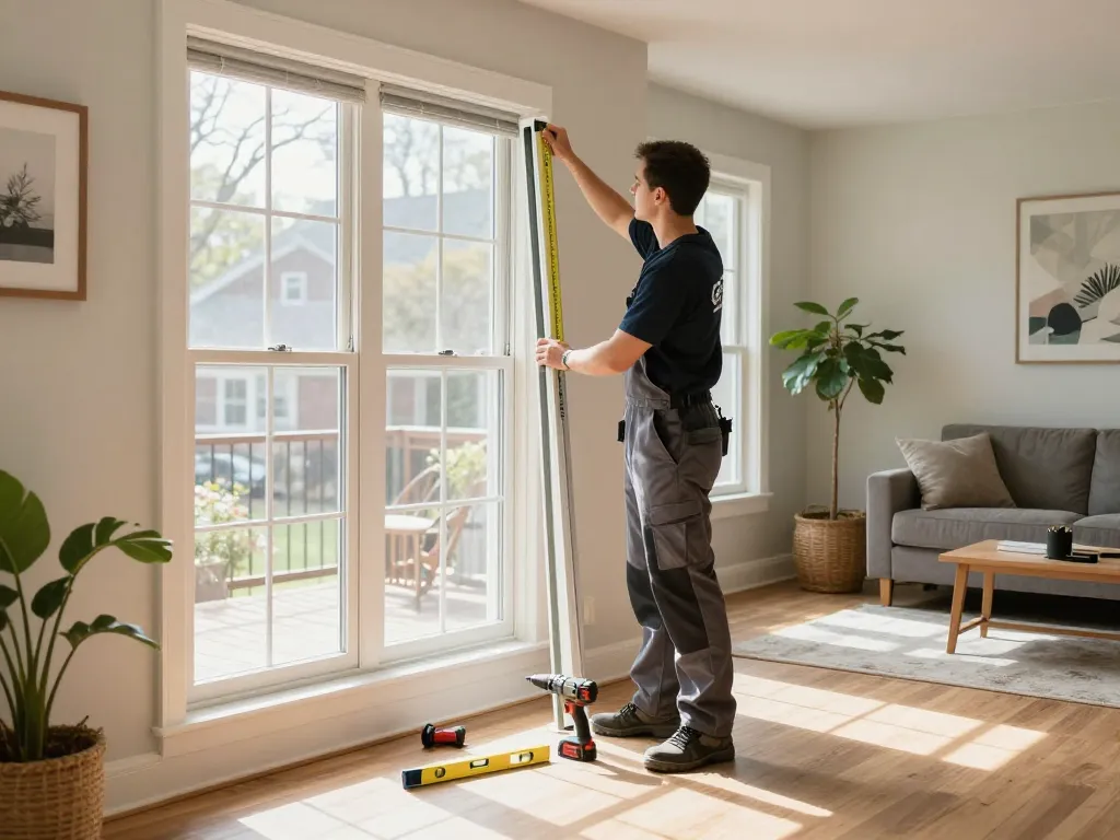 Window replacement Manchester NH service in a cozy living room showcasing skilled technician replacing a window.