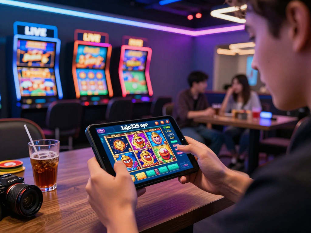 Experience raja328 apk for exhilarating online gaming and sports betting in a vibrant lounge setting.