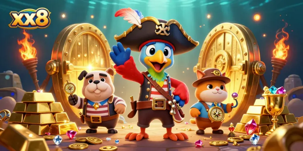 Spin to win at xx8, an engaging 3D casino scene with pirate characters amidst treasure.