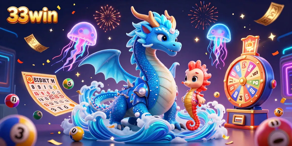 Spin the reels with 33win's vibrant lottery balls and an ocean dragon in a dynamic casino adventure.