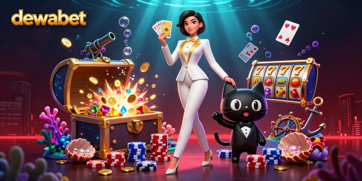 Dewabet showcases a glamorous game scene with a woman in a tuxedo shuffling cards among treasures, enhancing win potential.