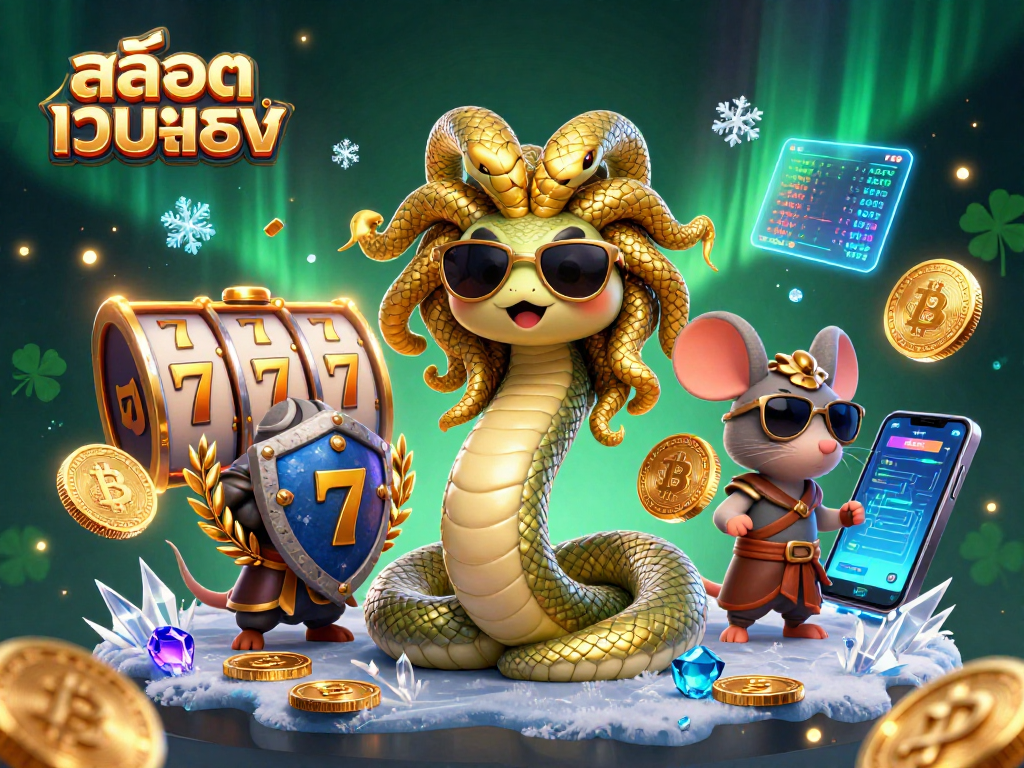 Play สล็อตเว็บตรง slots with a charming Medusa and warrior in a vibrant 3D casino illustration.