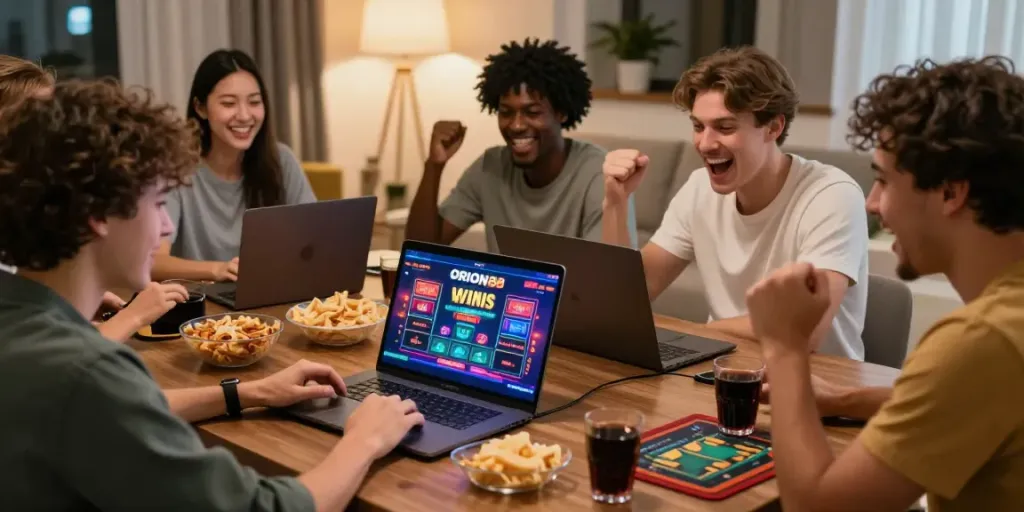 Exciting gaming session with friends on ORION88 platform in a cozy living room.