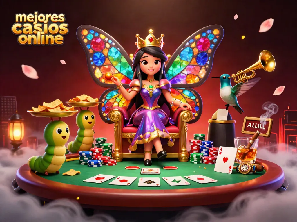 Mejores casinos online: ilustración 3D con rey mariposa y juegos de azar, resaltando la diversión.