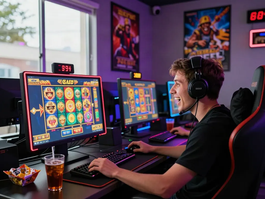 Excited player engaging in a slot gacor game with vibrant lighting and snacks.