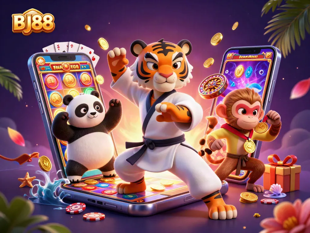 BJ88 showcases a vibrant 3D scene of kung fu characters celebrating big wins in online gambling