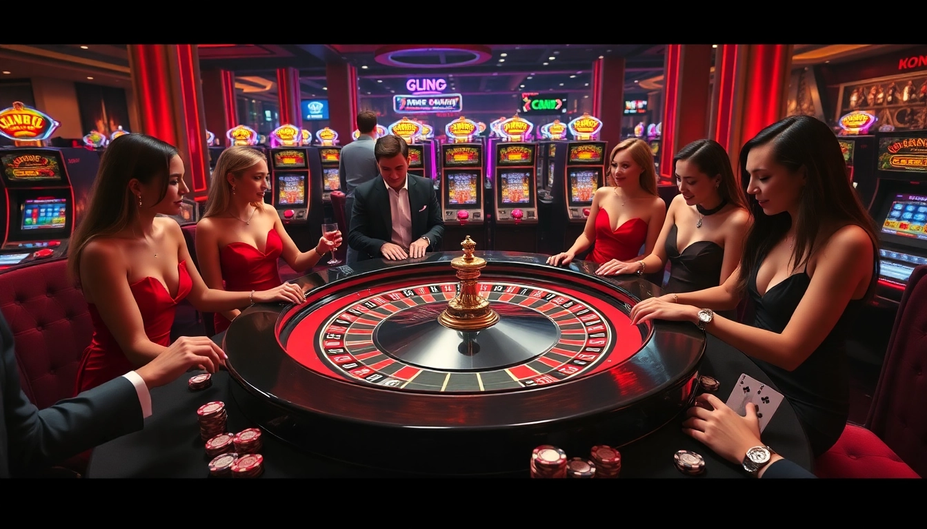 KONG88 players enjoying an exciting game at a luxurious roulette table with vibrant casino elements.