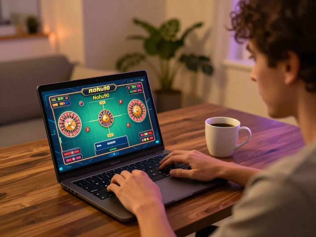 Nohu90 player engaging in an exciting online roulette game at home, highlighting responsible gambling practices.