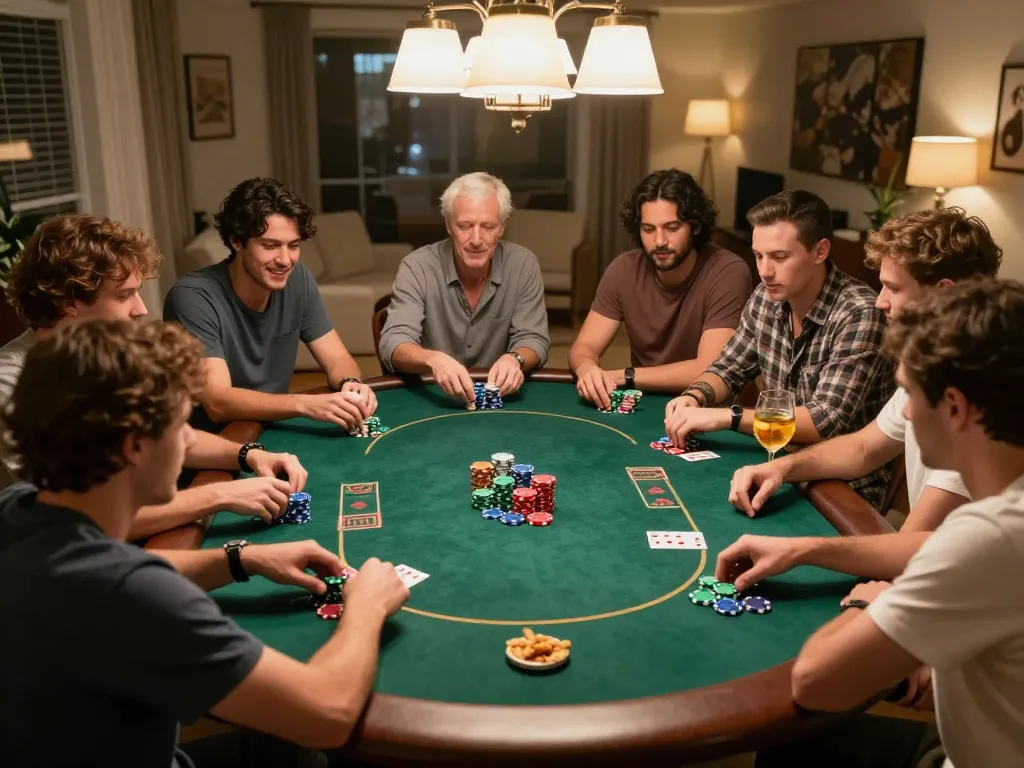 Friends enjoying a poker night at home, strategizing with chips and drinks, showcasing Jun88 gaming spirit.