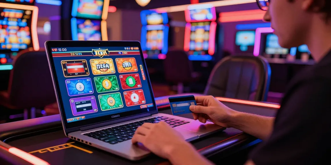 Player enjoying credit card casinos online, with a laptop displaying vibrant games and a credit card ready for deposits.