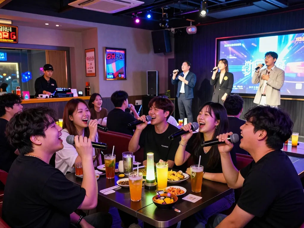 Engaging 제주유흥 experience at a lively karaoke bar in Jeju packed with laughter, music, and vibrant decor.