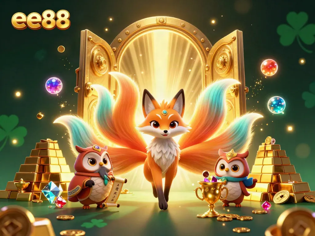 Win big with ee88, featuring a colorful nine-tailed fox spirit and treasure in a vibrant casino scene.