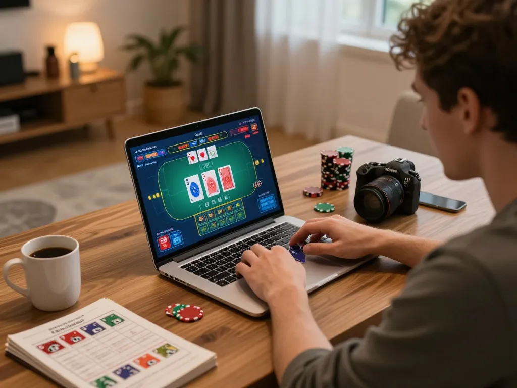 Player engaged in strategic poker game on F8bet's online platform in cozy home setting