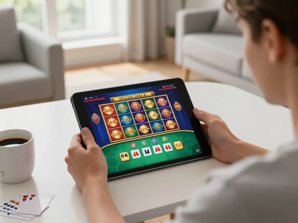 Twiin68 engaging online casino gameplay on a tablet in a cozy home setting.