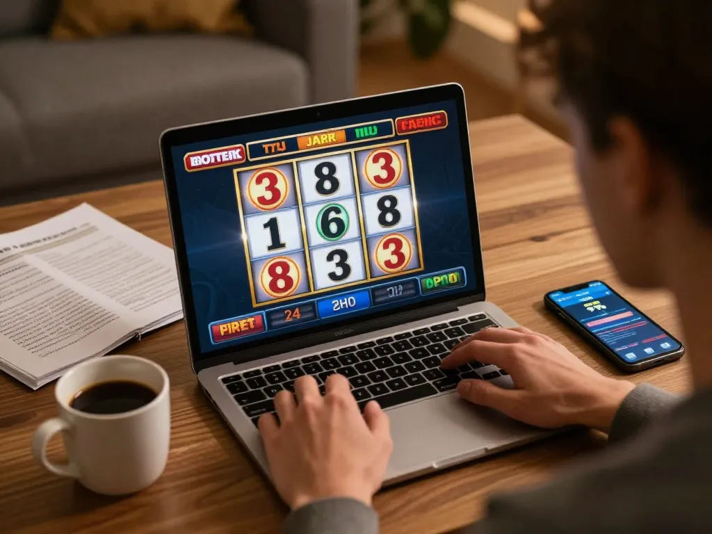 Player enjoying online slots gameplay on slot-gacor2026 with laptop and strategy notes