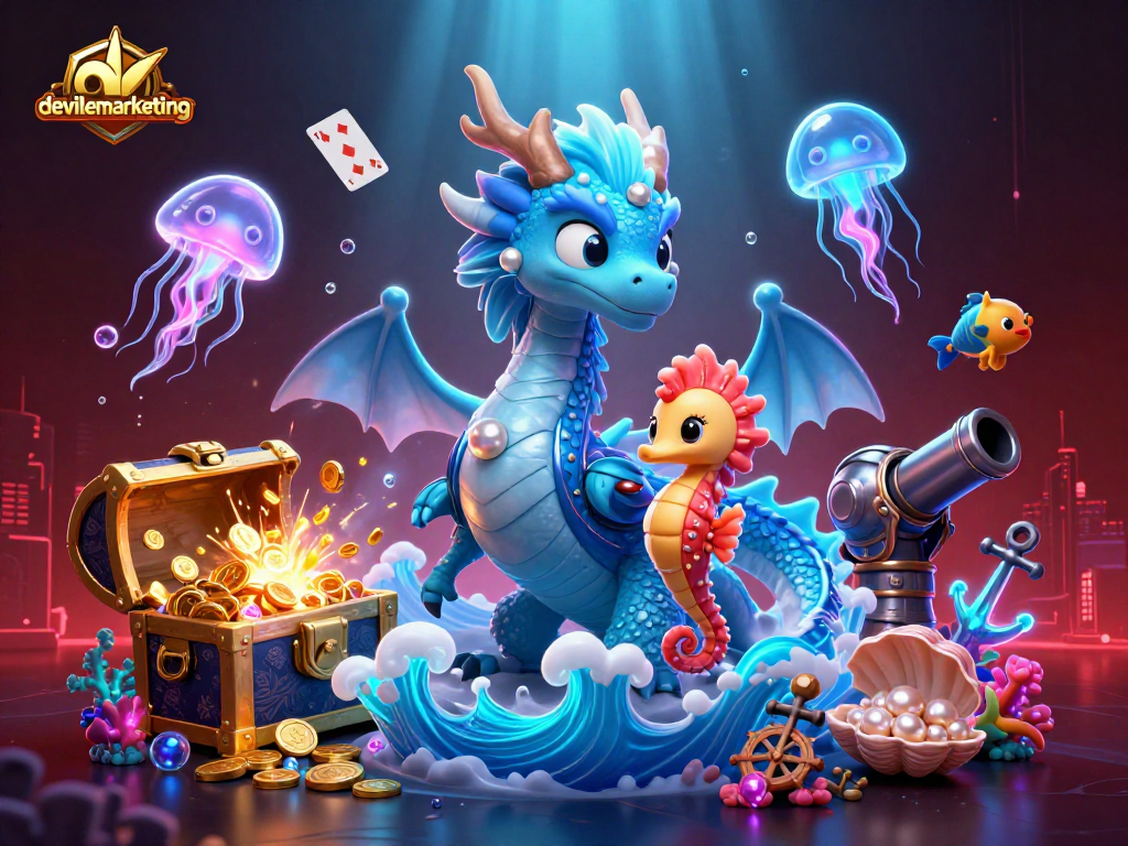Mengoptimalkan permainan di devillemarketing dengan ilustrasi 3D yang menampilkan naga air dan elemen permainan bawah laut.