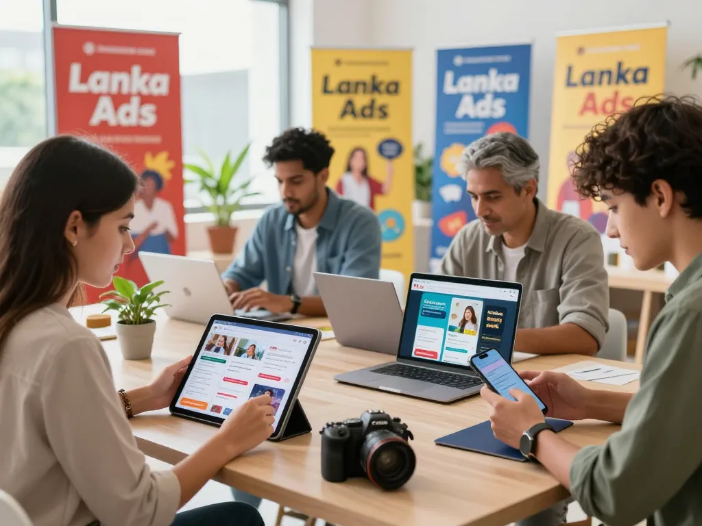 Engaged individuals exploring Lanka Ads on digital devices in a vibrant workspace, reflecting community connections.