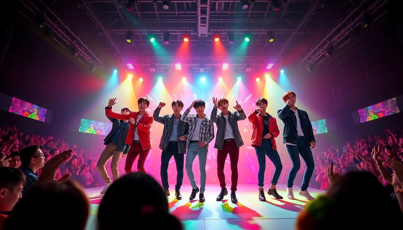 BTS news highlighting the iconic performances of the boy band with vibrant visuals and energetic ambiance.