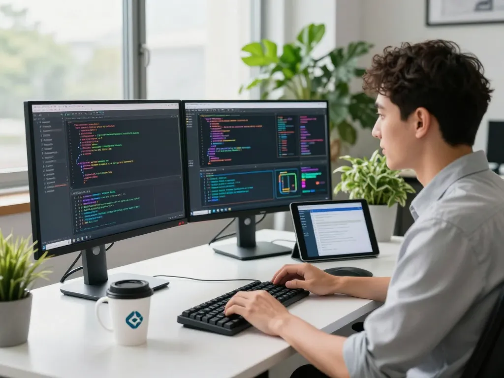 Developer using moltbot in a modern workspace with dual monitors and programming code for a productive tech environment