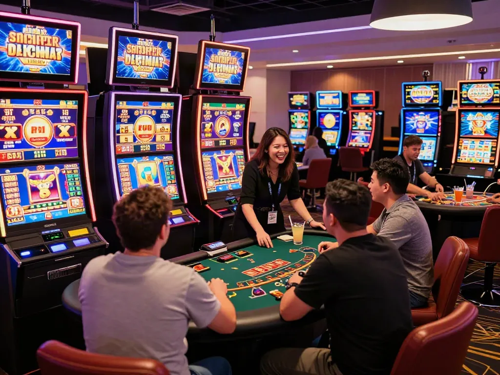 Engaged players enjoying the thrill of rutanslot in a lively online casino atmosphere with vibrant lights and games.