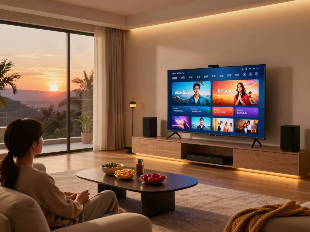 Installation moderne avec l'écran Atlas pro ontv et une ambiance chaleureuse.