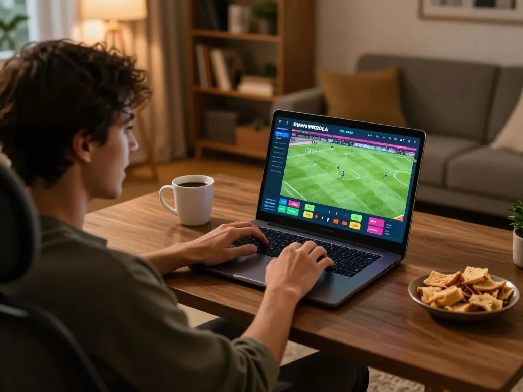 WWBOLA sports betting setup at home, person actively placing bets on laptop in a comfortable environment.