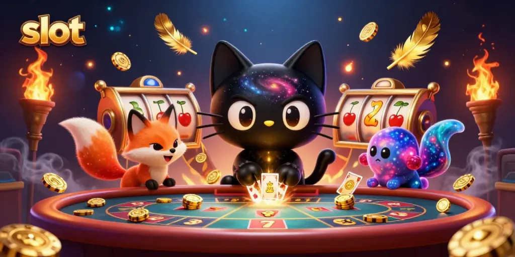 Engage in thrilling slot adventures as the cosmic black hole cat brings luck at the casino.