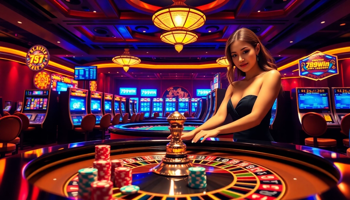 Gambling excitement at 789win.com with roulette, poker chips, and a stunning croupier.