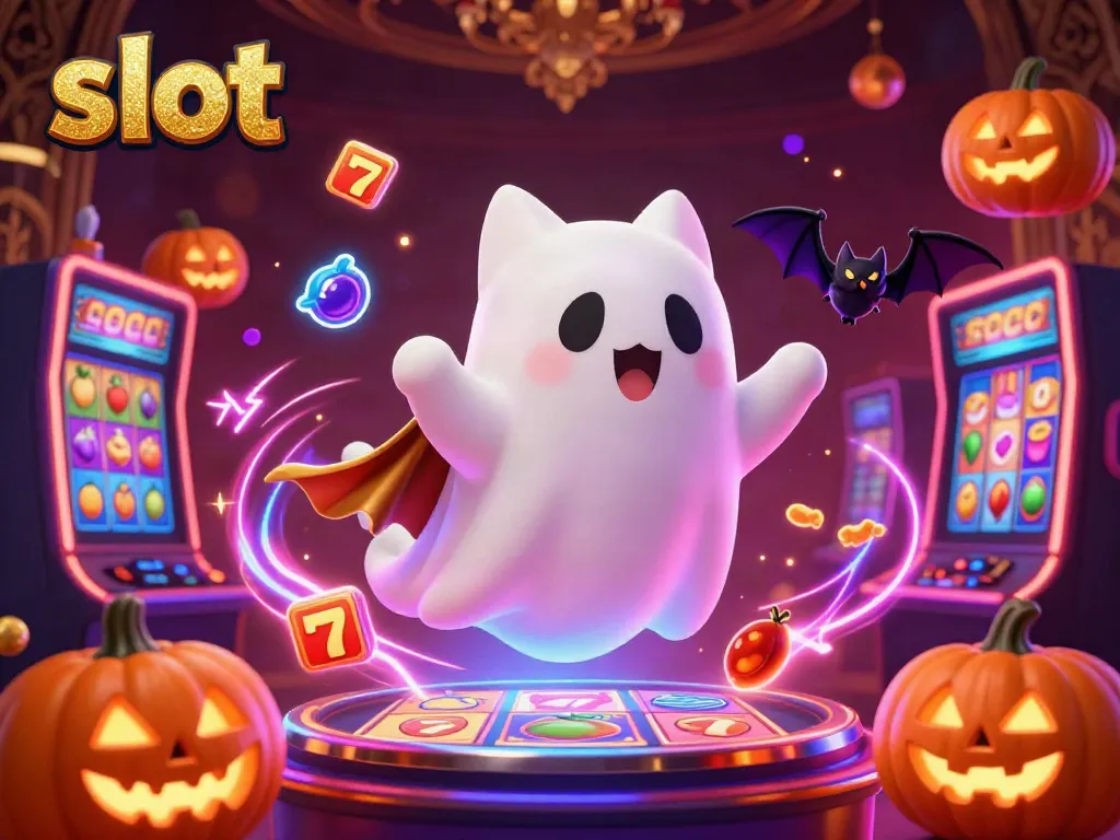 Experience thrilling slot gameplay with a ghost cat and vampire bat in a vibrant casino setting.